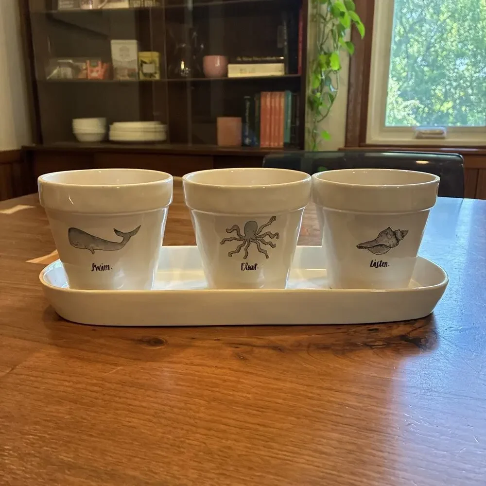 rae dunn set of 3 flower pots w/tray, Swim, float, Listen; Octopus Shell Whale